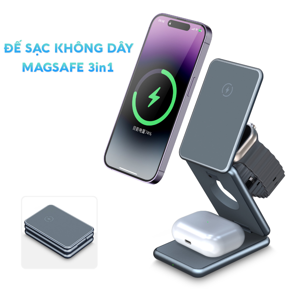  Đế Sạc Nhanh Không Dây 15W 3in1 Có Nam Châm Cho iPhone, Apple Watch, Airpod, Các Dòng Hỗ Trợ Sạc Không Dây 