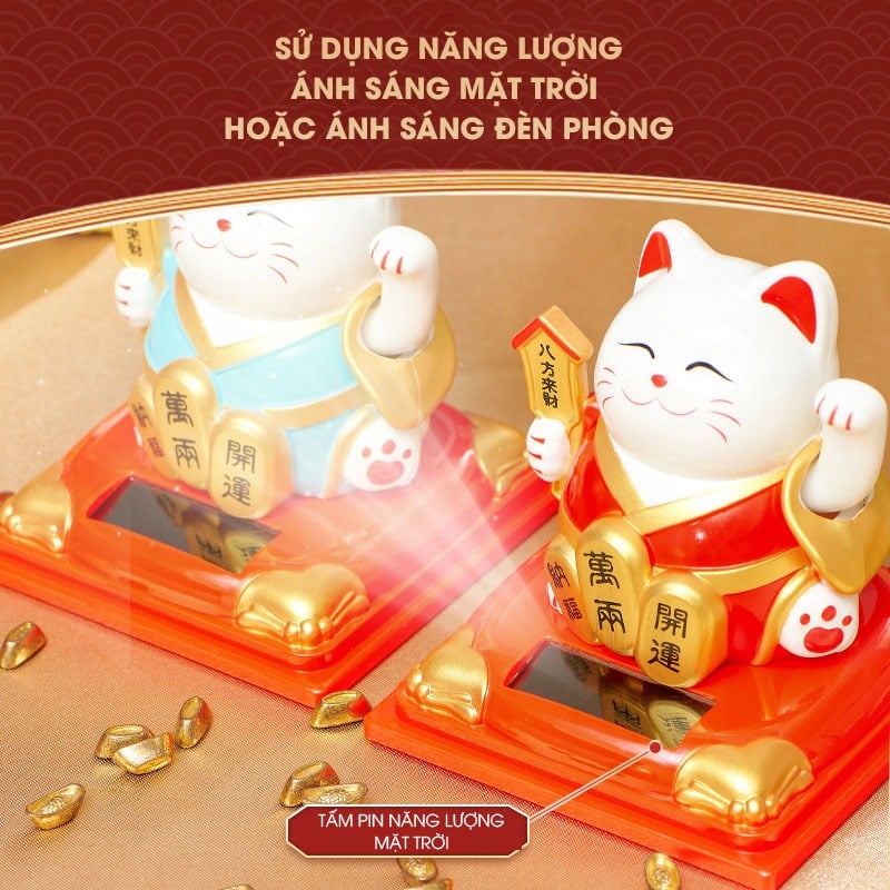  Mèo Thần Tài Vẫy Tay Dùng Năng Lượng Mặt Trời, Hộp Mica - Mèo Maneki Neko Mang Lại May Mắn Tài Lộc Cho Gia Chủ 