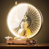 Tượng Phật Thích Ca Ngồi Thiền An Nhiên Kèm Kệ Đèn Led Bát Nhã Tâm Kinh 