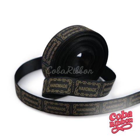  5 mét - Ruy băng satin 1 mặt có in chữ Handmade, cỡ 12mm, 2 màu trắng và đen 