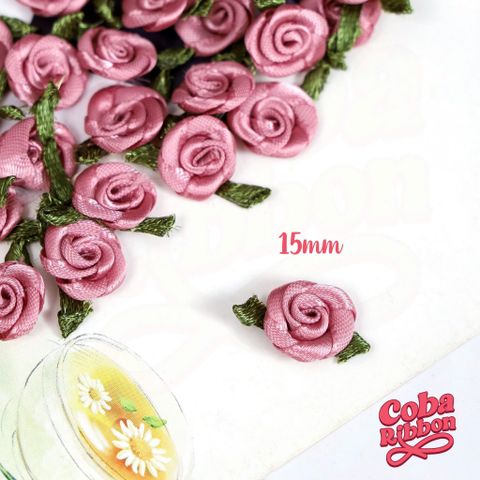  Túi 50 cái - Hoa hồng mini bằng vải satin, loại CÓ LÁ cỡ 15mm - 17 màu 