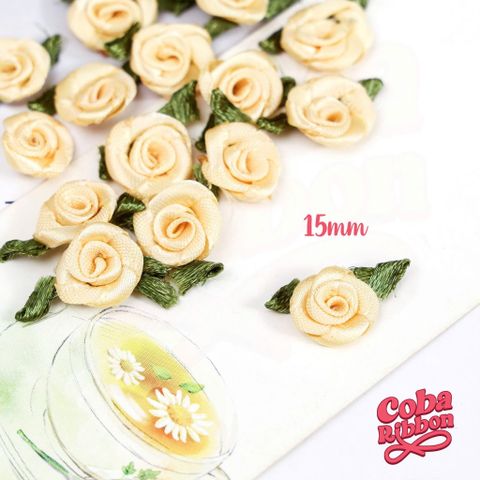  Túi 50 cái - Hoa hồng mini bằng vải satin, loại CÓ LÁ cỡ 15mm - 17 màu 