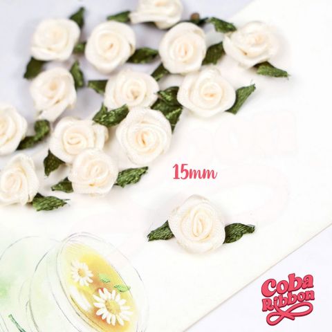  Túi 50 cái - Hoa hồng mini bằng vải satin, loại CÓ LÁ cỡ 15mm - 17 màu 