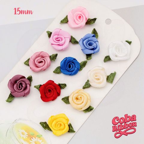  Túi 50 cái - Hoa hồng mini bằng vải satin, loại CÓ LÁ cỡ 15mm - 17 màu 
