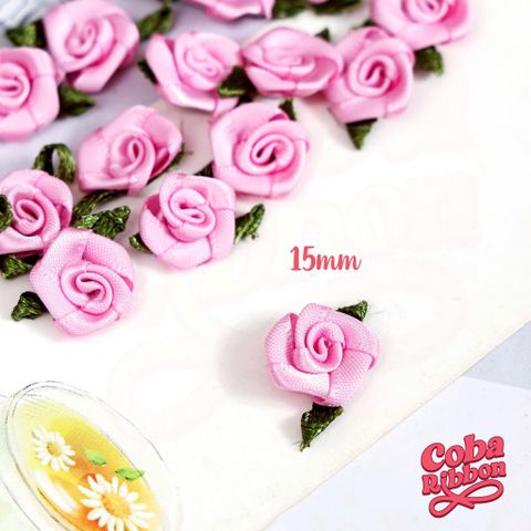 Túi 50 cái - Hoa hồng mini bằng vải satin, loại CÓ LÁ cỡ 15mm - 17 màu 