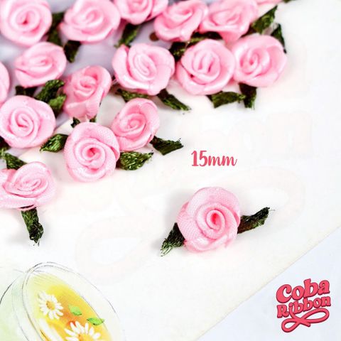  Túi 50 cái - Hoa hồng mini bằng vải satin, loại CÓ LÁ cỡ 15mm - 17 màu 