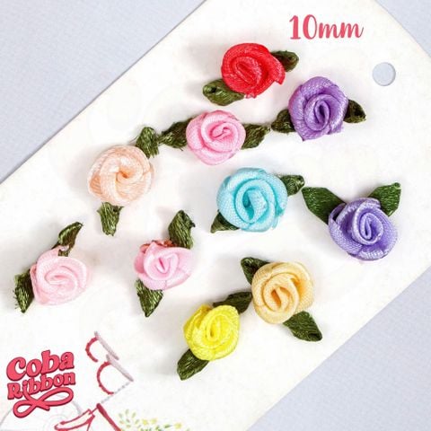  Túi 50 cái - Hoa hồng mini bằng vải satin, loại CÓ LÁ cỡ 10mm - 20 màu 
