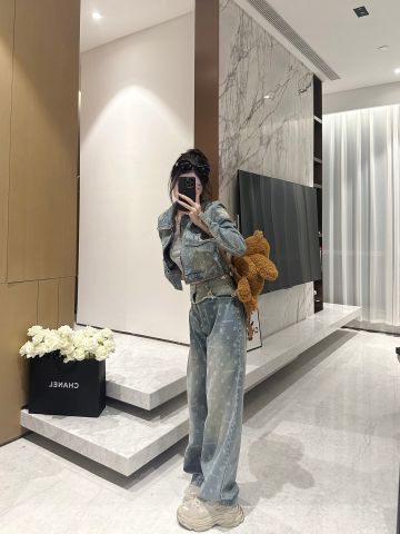  Set Givenchy Denim Jacket Wide Leg Jeans 