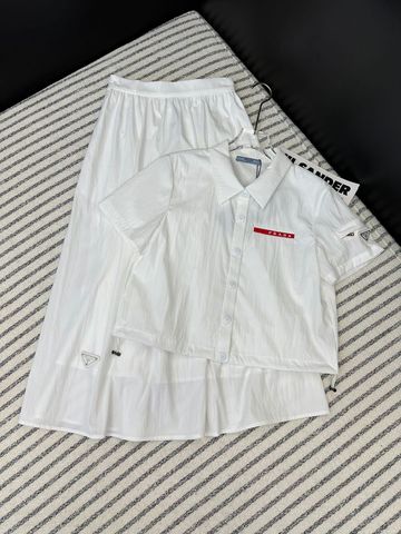  Set Prada New Release 24SS New Suit Lapel Drawstring Top And High Waist Skirt Classic Red Stripe Logo 