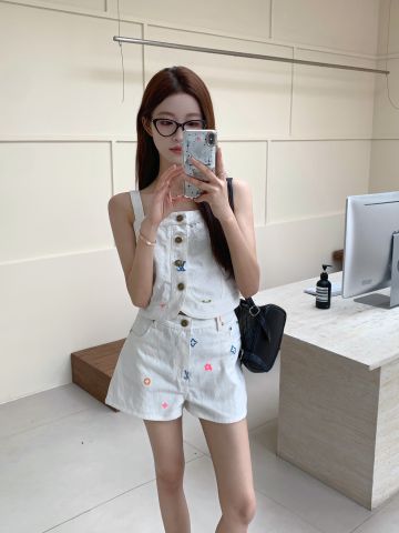  Set LV 24ss New Donkey Embroidery Jacquard Fabric Small Strap With Shorts 