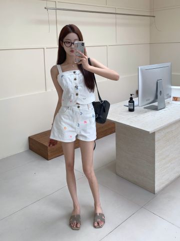  Set LV 24ss New Donkey Embroidery Jacquard Fabric Small Strap With Shorts 