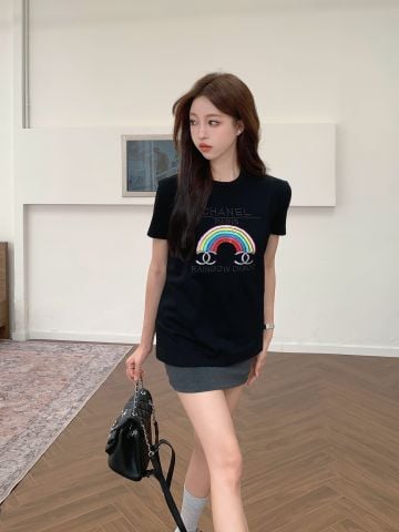  Áo Chanel 24ss Knitted Short Sleeve Special Embroidery Craft Rainbow Bead Black Version 