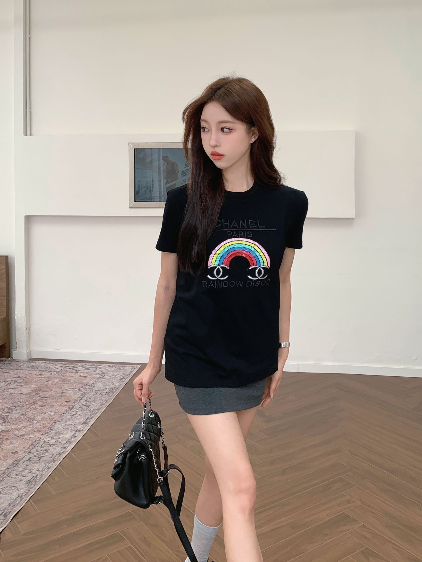 Áo Chanel 24ss Knitted Short Sleeve Special Embroidery Craft Rainbow Bead Black Version
