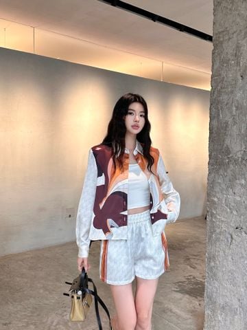  Set Fendi Color blocked Vintage Shirt Set with Collar Long Sleeve Shirt and Elastic Waist Shorts Classic 