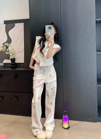  Set LV Vest And Wide-leg Trousers Denim Suit 