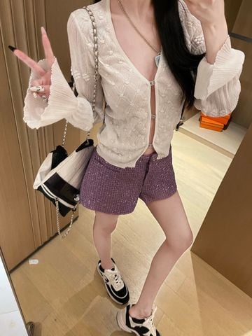  Áo Chanel Drum Wave Trumpet Sleeve Diamond Button Knit Cardigan 