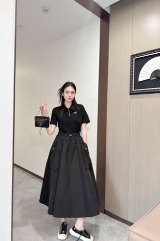  Set Prada 24SS Collar Short Sleeve Splicing Dress Black  Version 