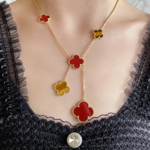  VCA High Grade Tiger Eye Red Shell Six Flower Four Leaf Clover Necklace 