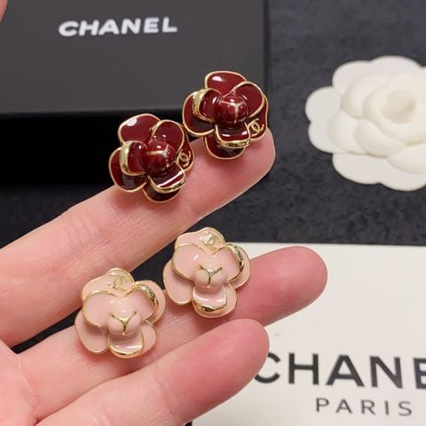  Chanel Double C Simple Camellia Wine Red Pink New Year Red Earrings 