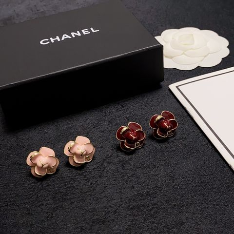  Chanel Double C Simple Camellia Wine Red Pink New Year Red Earrings 