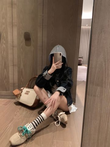  Celine Exquisite Embroidered Letters And Striped Hooded Denim Jacket 