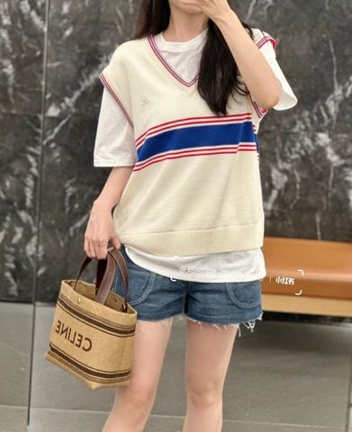  Celine Arc De Triomphe College Style Small Logo V-neck Colorblock Vest Unisex 