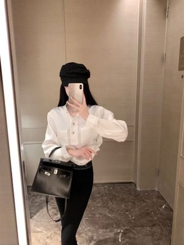  Chanel White Satin Small Stand-up Collar Shirt Slim Trousers 