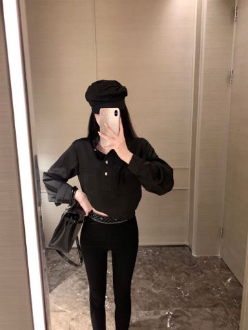  Chanel Black Satin Small Stand-up Collar Shirt Slim Trousers 
