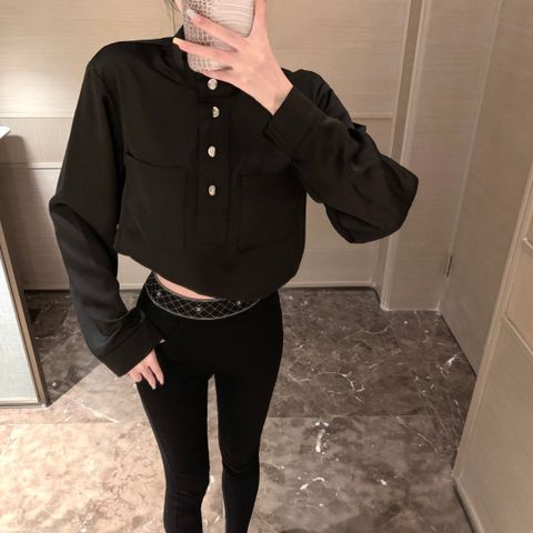 Chanel Black Satin Small Stand-up Collar Shirt Slim Trousers 