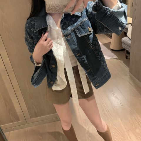  LV Jacquard Old Flower Letter Stitching Contrast Color Denim Jacket 