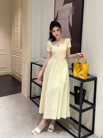  Prada Triangle Logo Decoration Square Collar Straight Shoulder Dress 