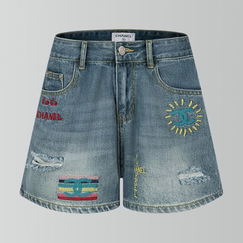  Chanel 24 Classic Color Letter Embroidered Ripped Denim Shorts 