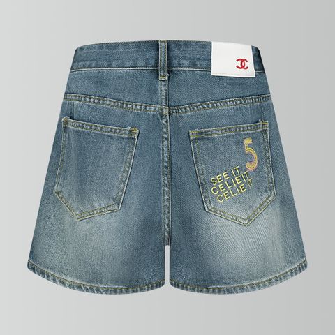  Chanel 24 Classic Color Letter Embroidered Ripped Denim Shorts 