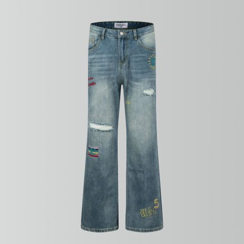  2024 Chanel Classic Colored Letter Embroidered Piercing Cowboy Pants 