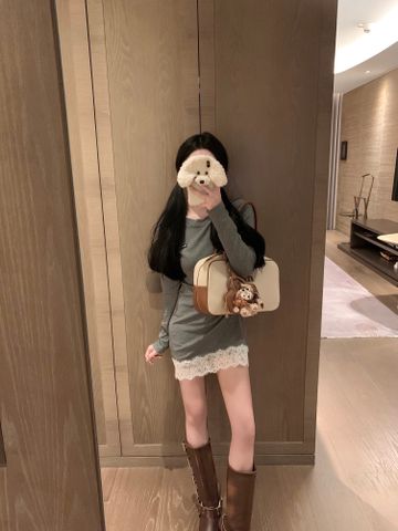  MiuMiu Slim-fitting Hem Lace Dress Gray 