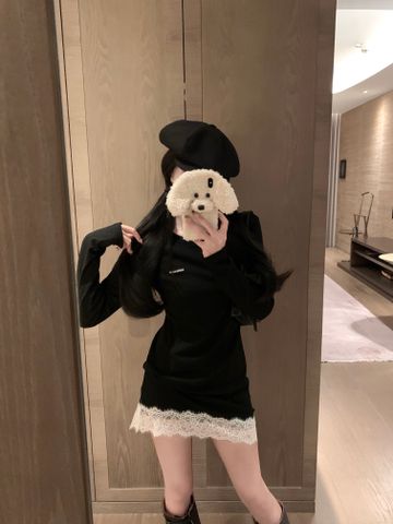  MiuMiu Slim-fitting Hem Lace Dress Black 