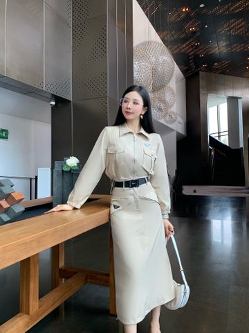  Prada 2024 Coat Skirt Suit With Belt White 