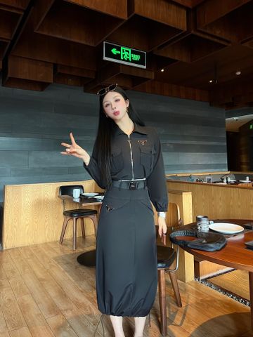  Prada 2024 Coat Skirt Suit With Belt Black 