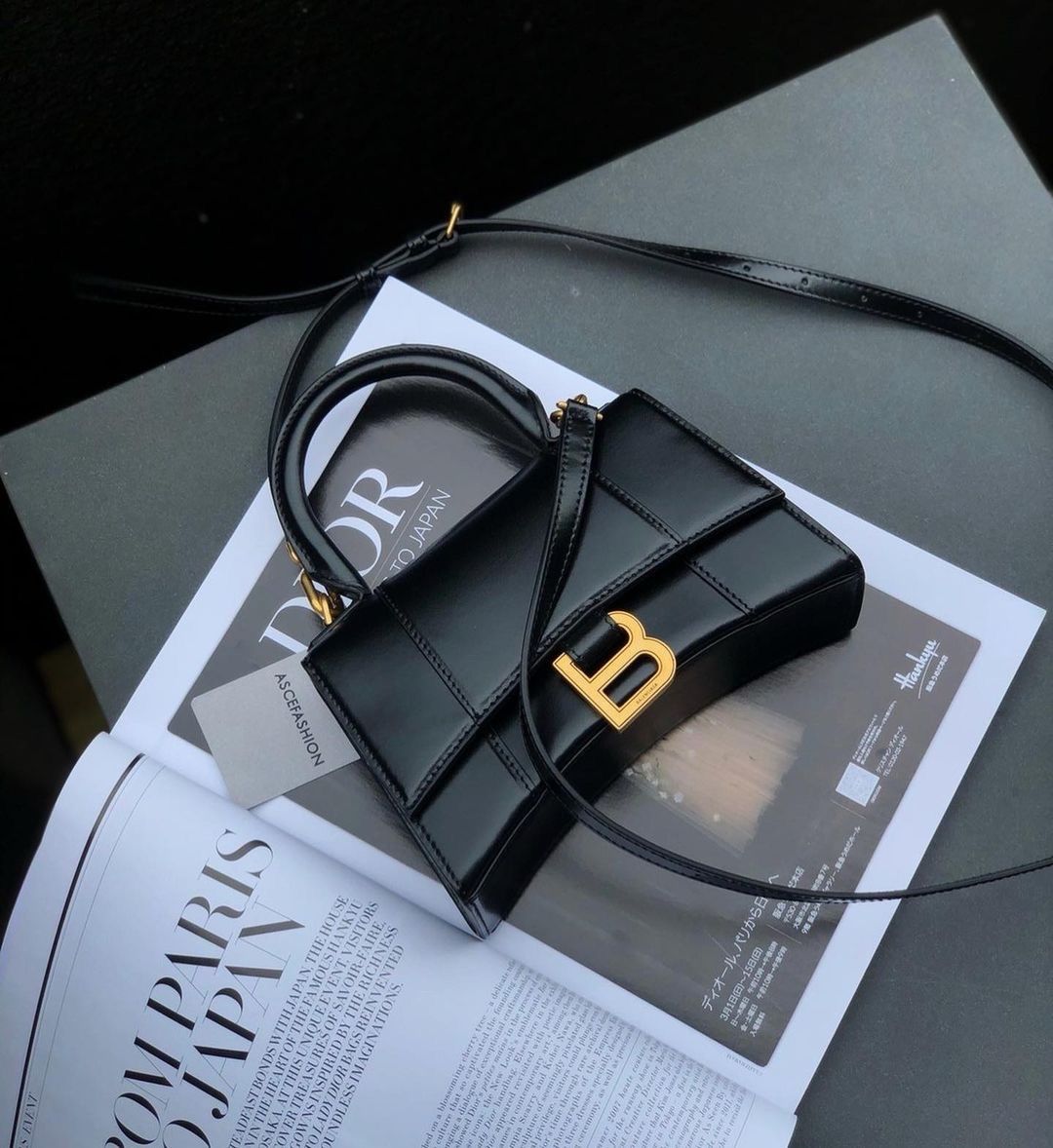 Túi Balenciaga Hourglass Gold Hardware Crossbody XS Black Leather