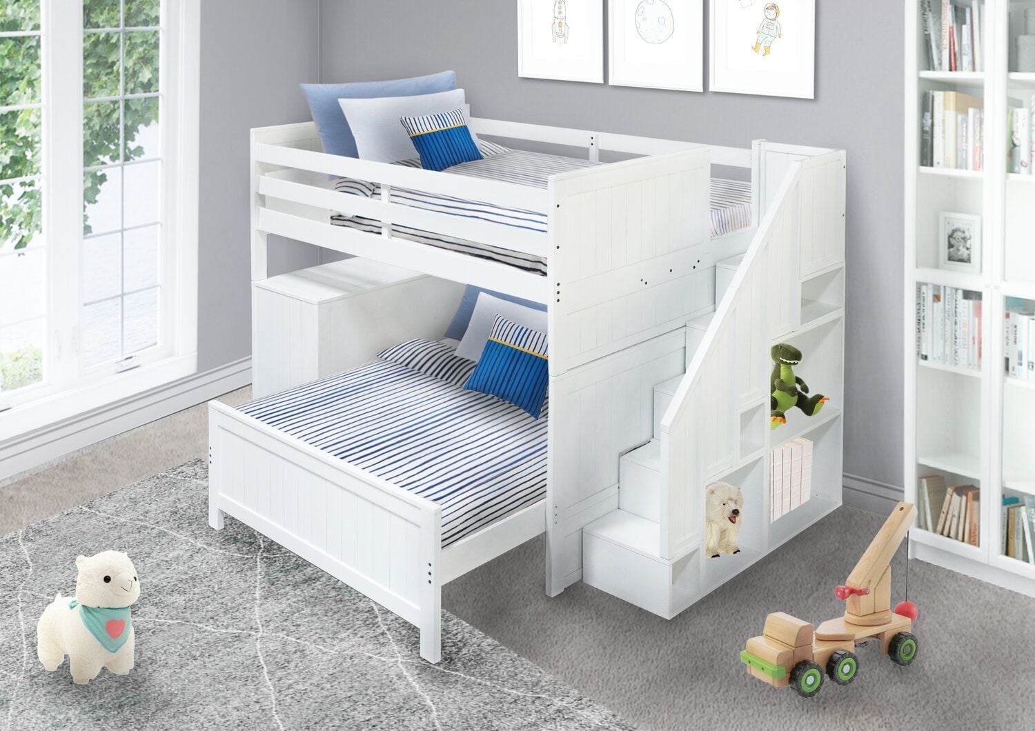  Alex Loft Full Over Full Bunk Bed with 7 Drawer Dresser in White OR Pebble Grey 