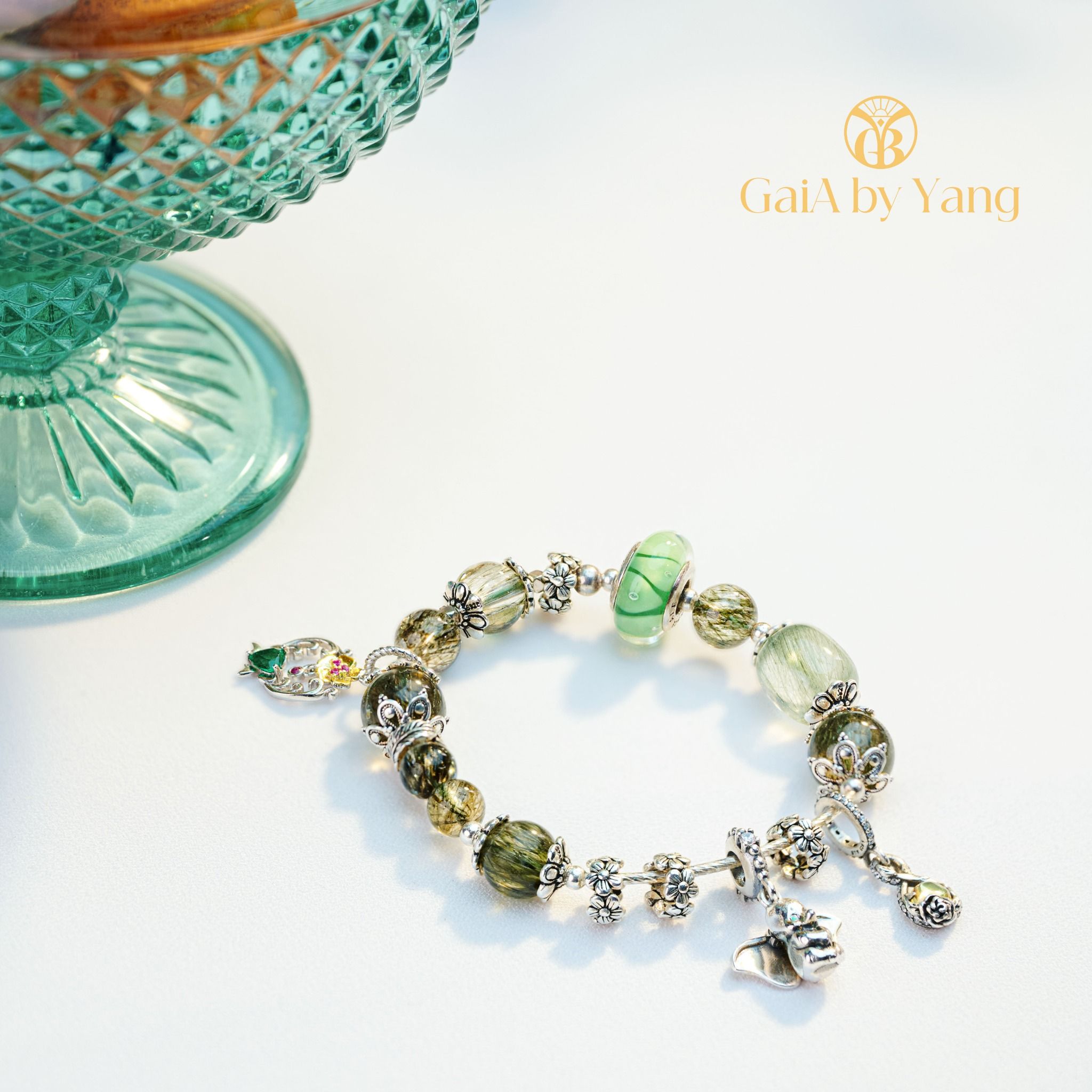  Vòng Thạch anh tóc xanh mix charm pandora 