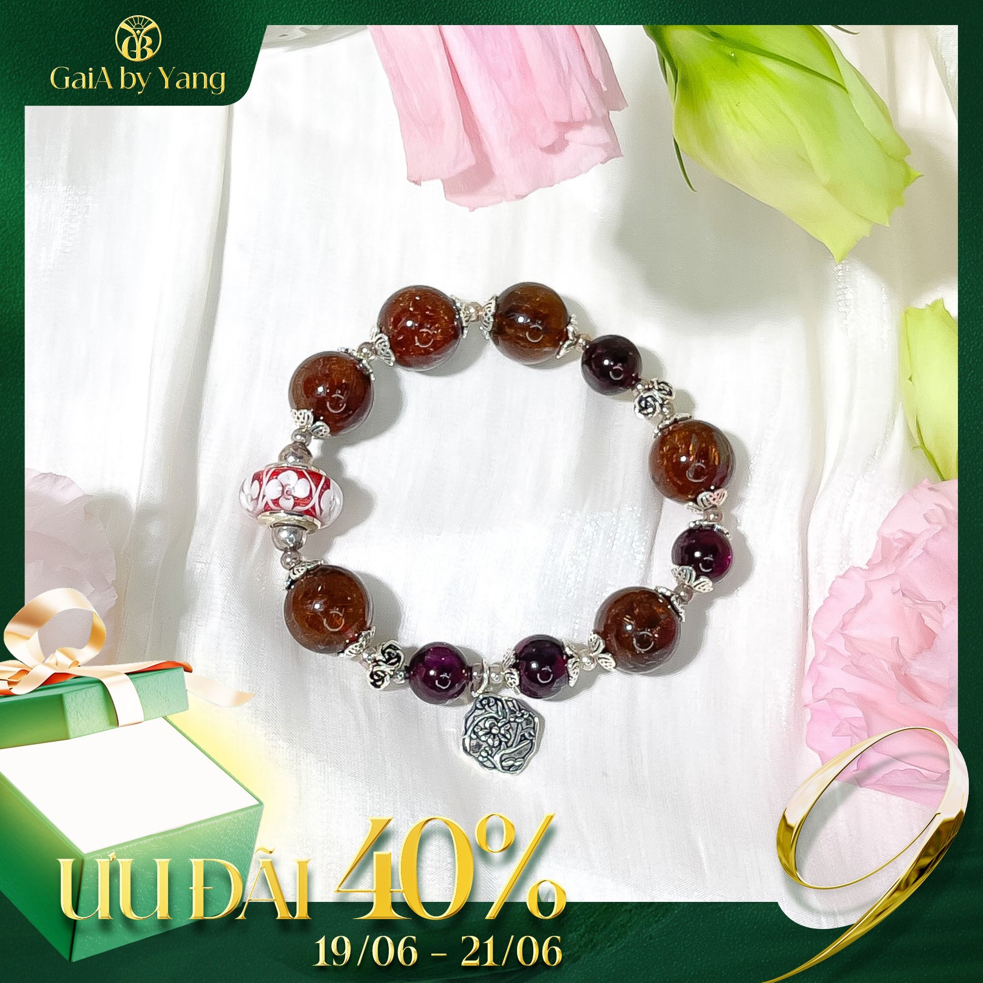  Vòng Thạch Anh Tóc đỏ phối charm pandora 