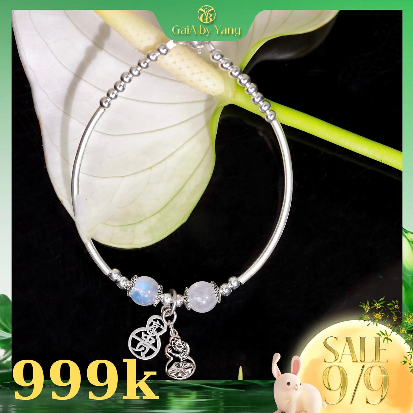  [Hot deal 999] Kiềng bạc phối đá Ánh Trăng và charm bạc 