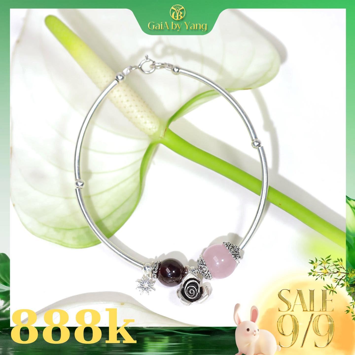  [Hot deal 888] Kiềng bạc phối đá Thạch Anh Hồng 