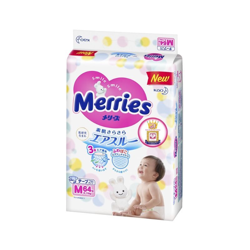  Bỉm Tã Dán Merries Cộng Miếng Nội Địa Nhật Size M 64 + 4 