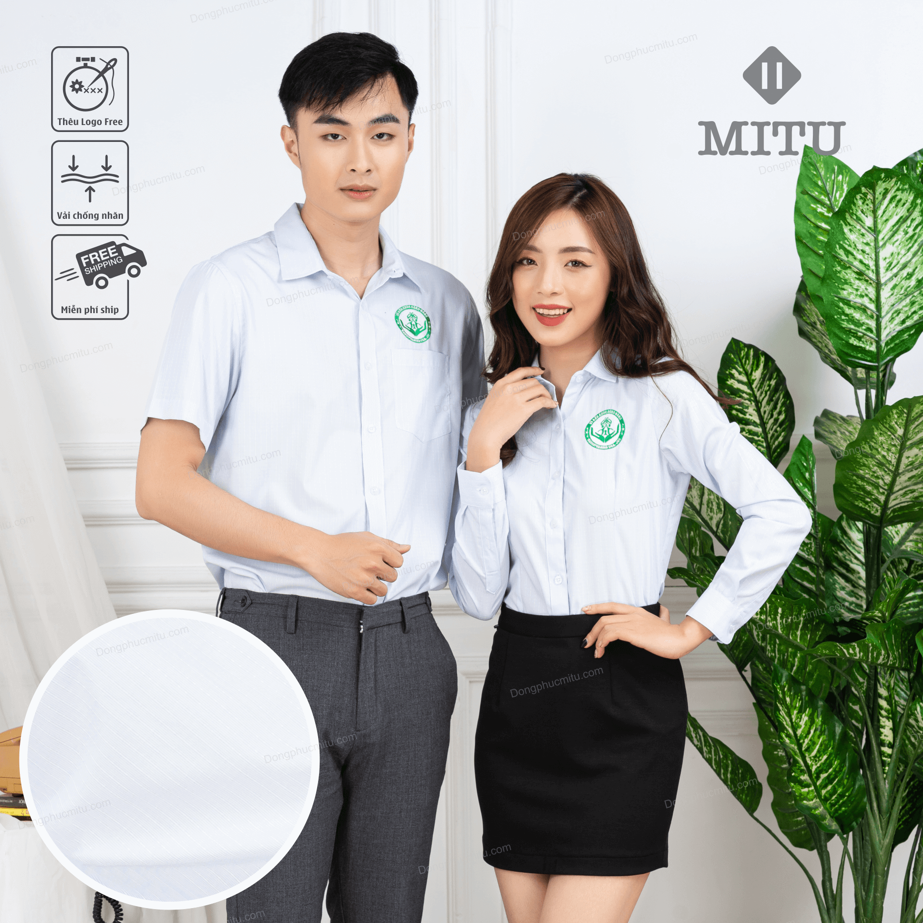  Sơ mi vân xanh nhạt thêu logo 