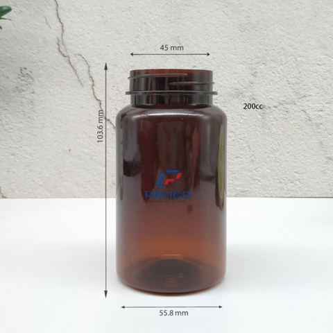 Lọ nhựa PET 200cc nâu dáng trụ đựng thuốc viên