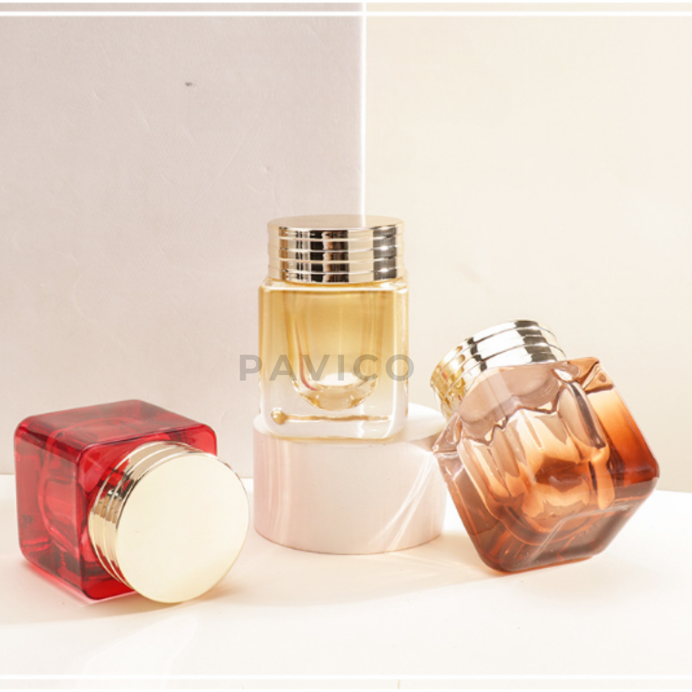 Hũ mỹ phẩm thủy tinh vuông nắp mạ