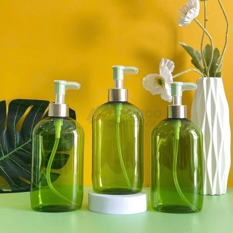 Chai vai bầu 250ml 500ml gel rửa tay sữa rửa mặt xanh lá trong nắp bơm khoen vàng