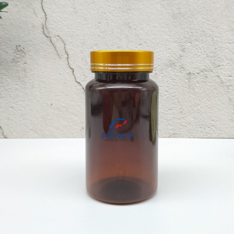 Lọ nhựa PET 200cc nâu dáng trụ đựng thuốc viên